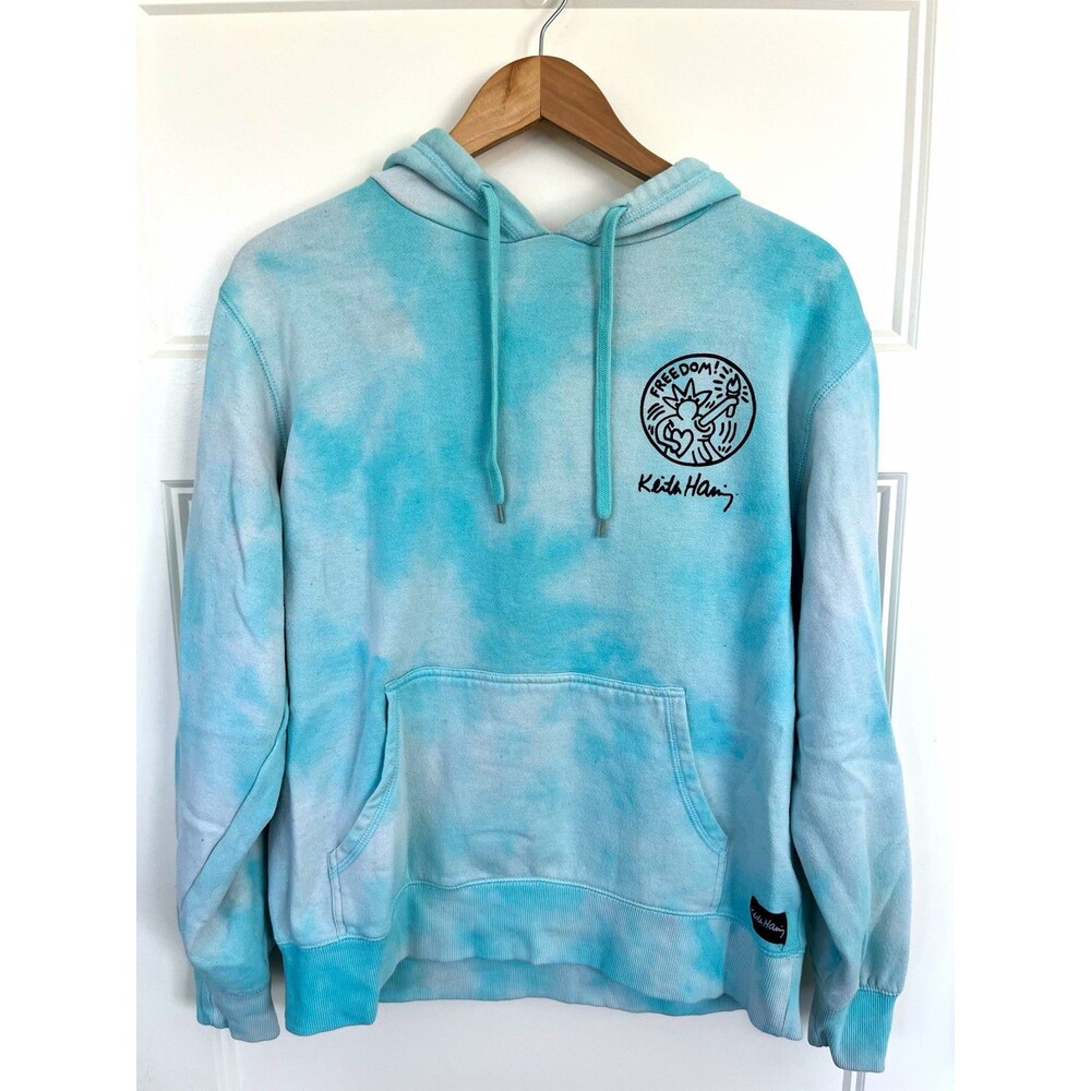 Keith Haring Tie Dye Hoodie Sweatshirt Blue N.Y.C. Statue of Liberty Size M